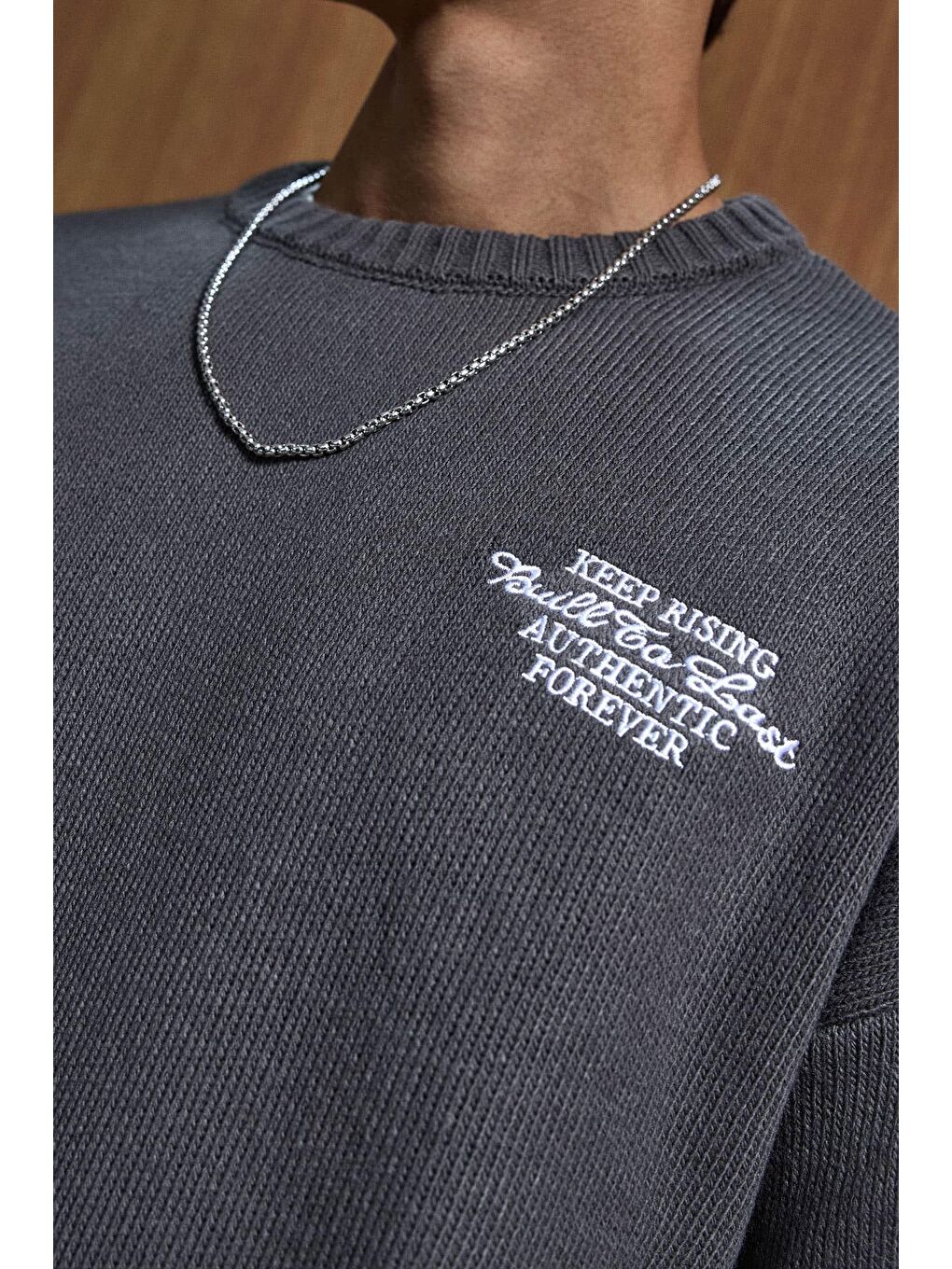 Erkek Oversize Essential Örme Kazak %100 Pamuk Gri-1