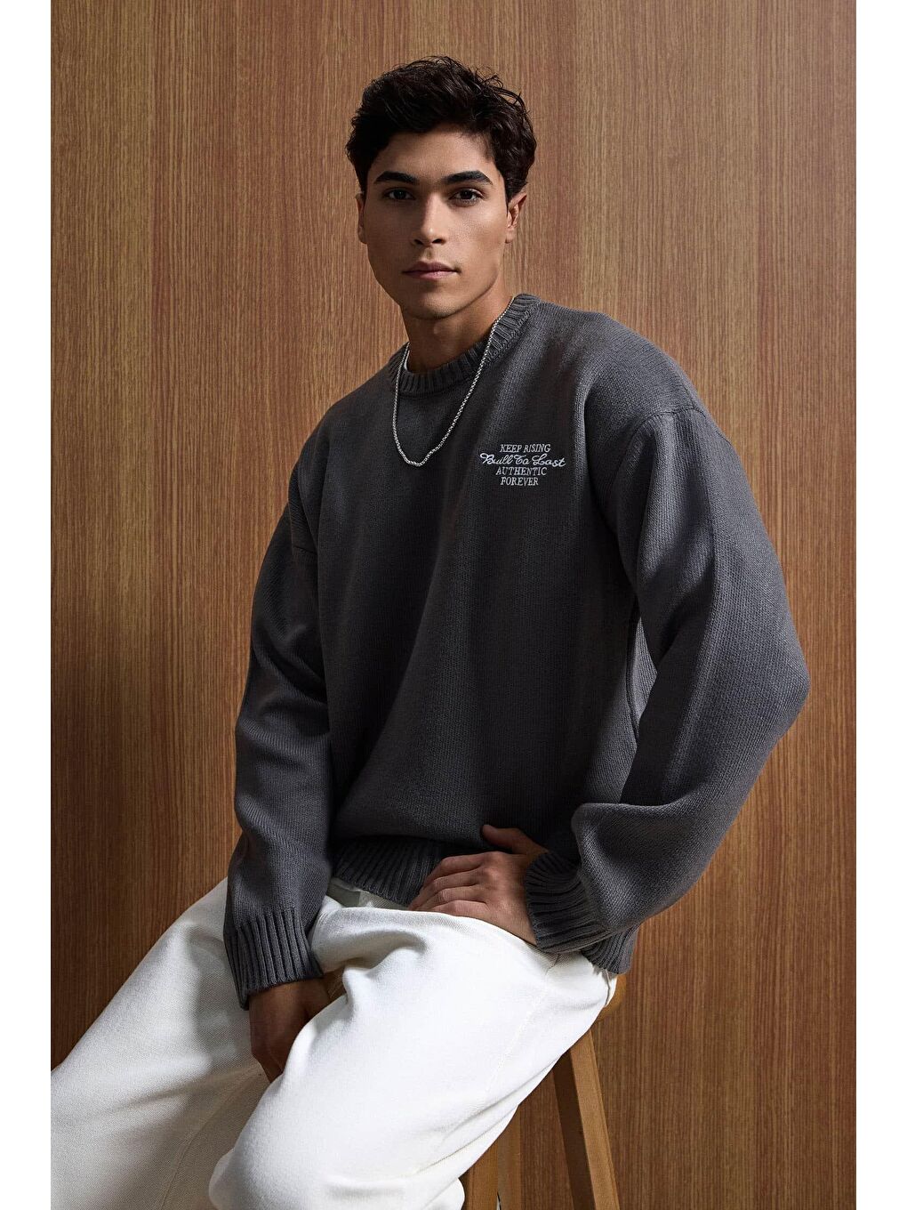 Erkek Oversize Essential Örme Kazak %100 Pamuk Gri-2