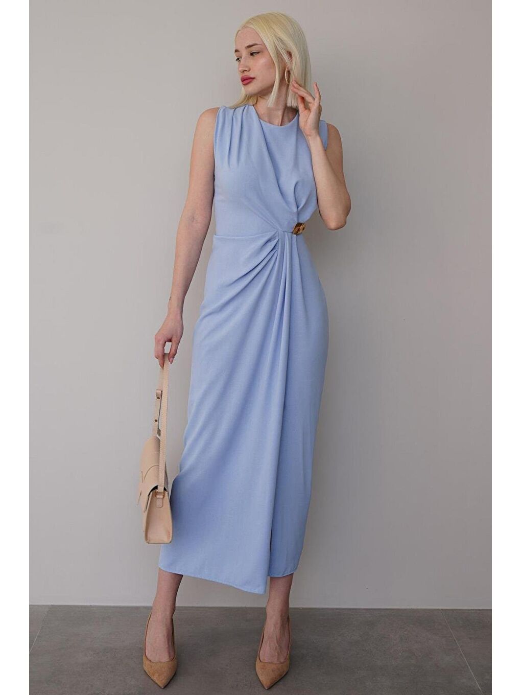 Mavi Bronşlu Midi Boy Kadın Elbise Mg2418-2