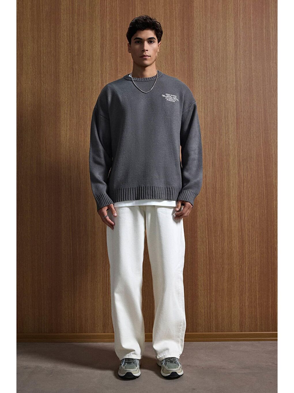 Erkek Oversize Essential Örme Kazak %100 Pamuk Gri-3