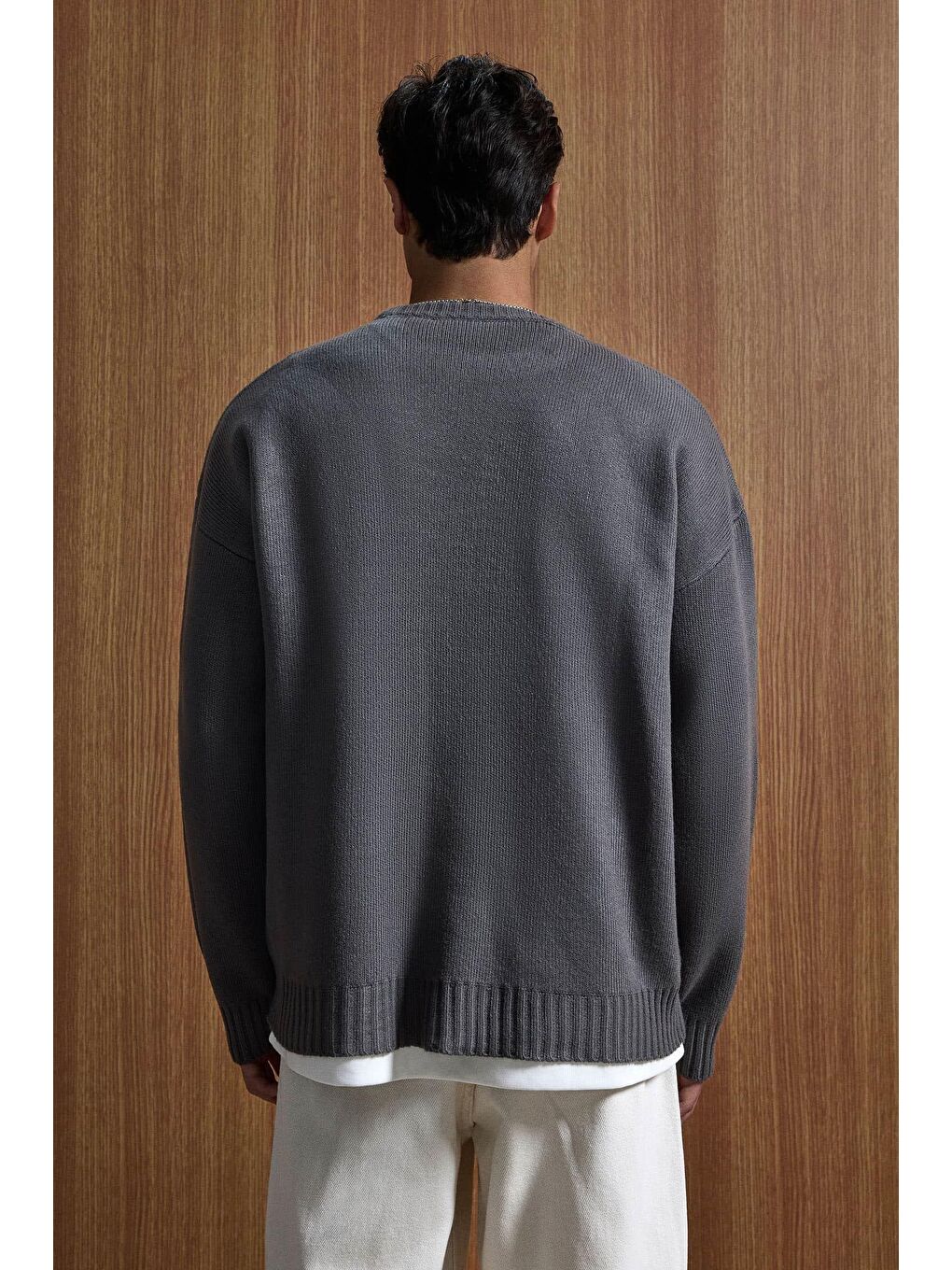 Erkek Oversize Essential Örme Kazak %100 Pamuk Gri-4