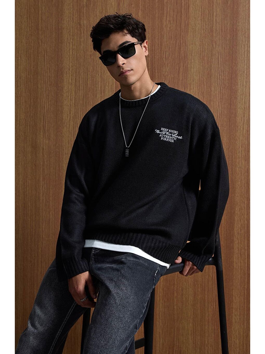 Erkek Oversize Essential Örme Kazak %100 Pamuk Siyah-2