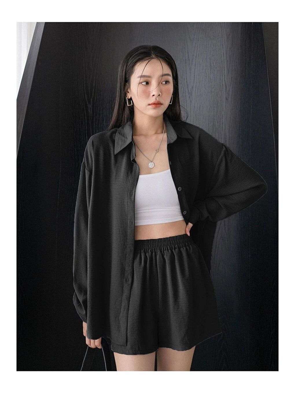 Kadın Siyah Aerobin Alt Üst Gömlekli Şortlu Takım Oversize-1