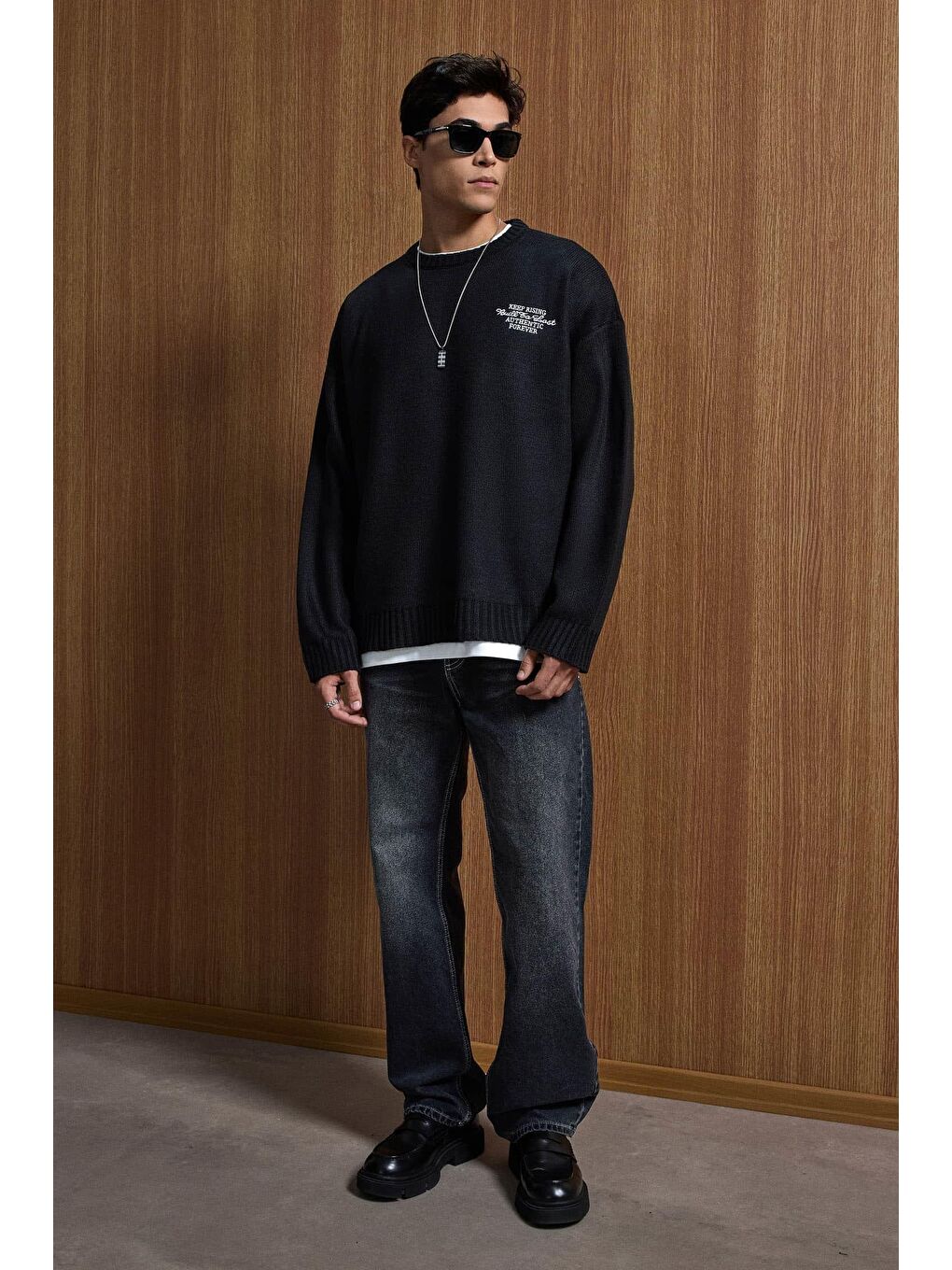 Erkek Oversize Essential Örme Kazak %100 Pamuk Siyah-3