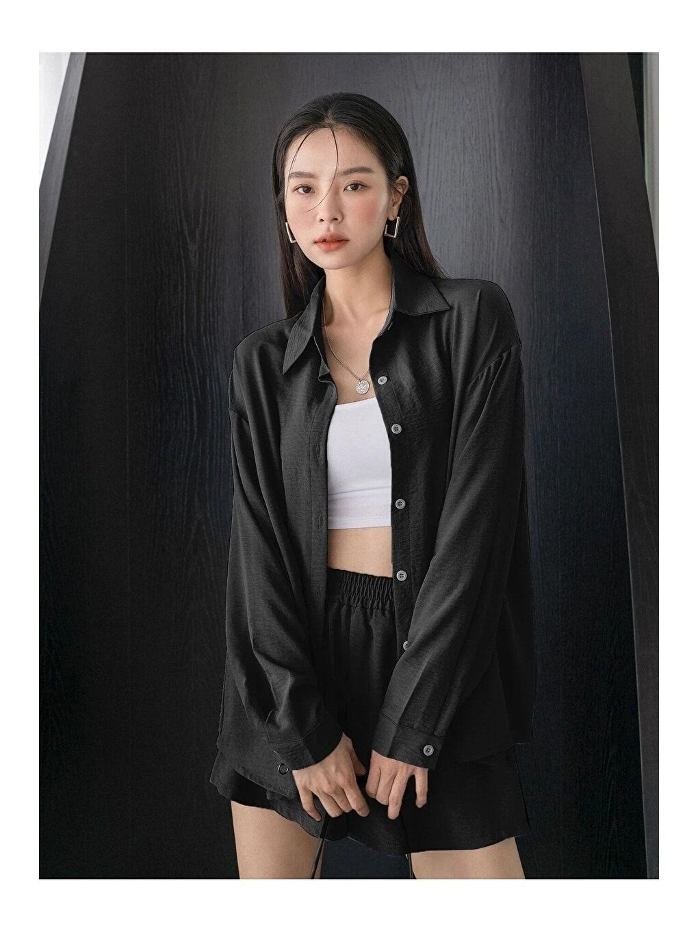 Kadın Siyah Aerobin Alt Üst Gömlekli Şortlu Takım Oversize-2