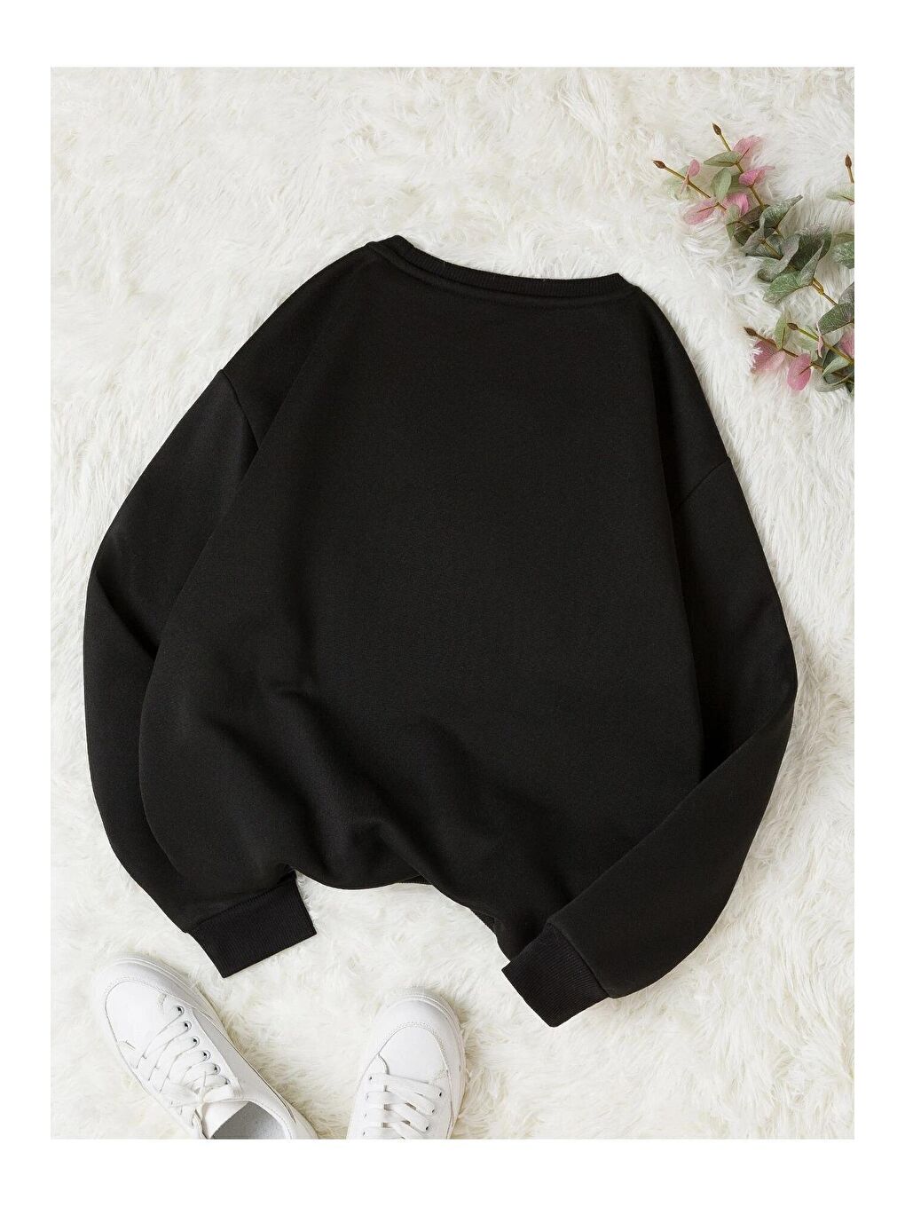 Trendseninle Siyah Kadın SİYAH Papatya Baskılı Bisiklet Yaka Sweatshirt - 1