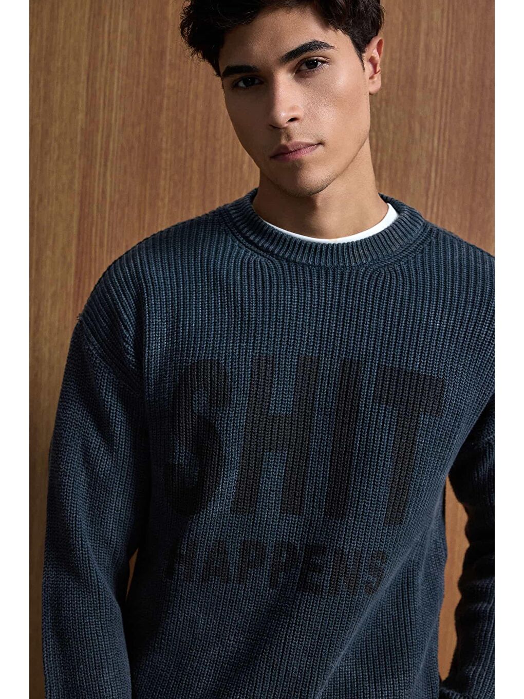 Erkek Relaxed Fit Yıkamalı Örme Kazak %100 Pamuk Siyah-1