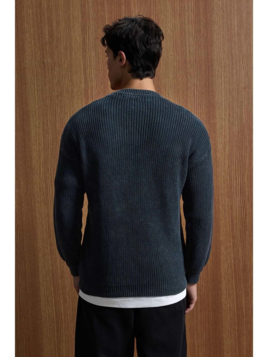 Erkek Relaxed Fit Yıkamalı Örme Kazak %100 Pamuk Siyah-3