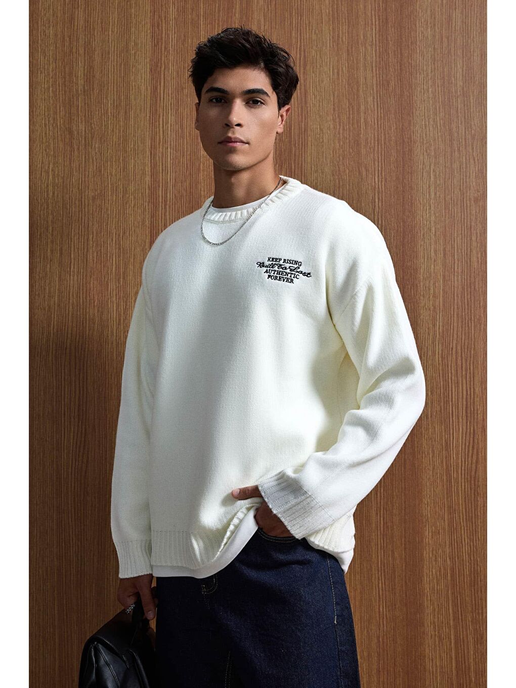 Erkek Oversize Essential Örme Kazak %100 Pamuk Ekru