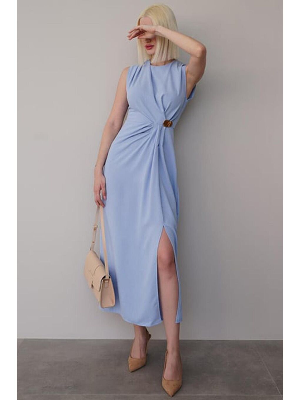Mavi Bronşlu Midi Boy Kadın Elbise Mg2418-5