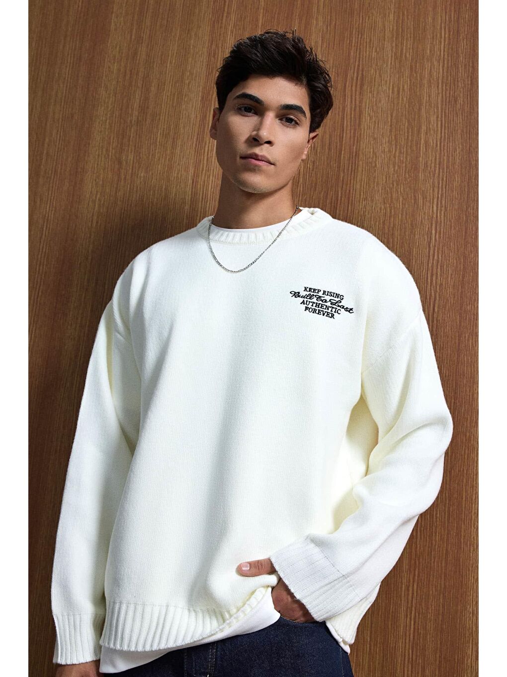 Erkek Oversize Essential Örme Kazak %100 Pamuk Ekru-1