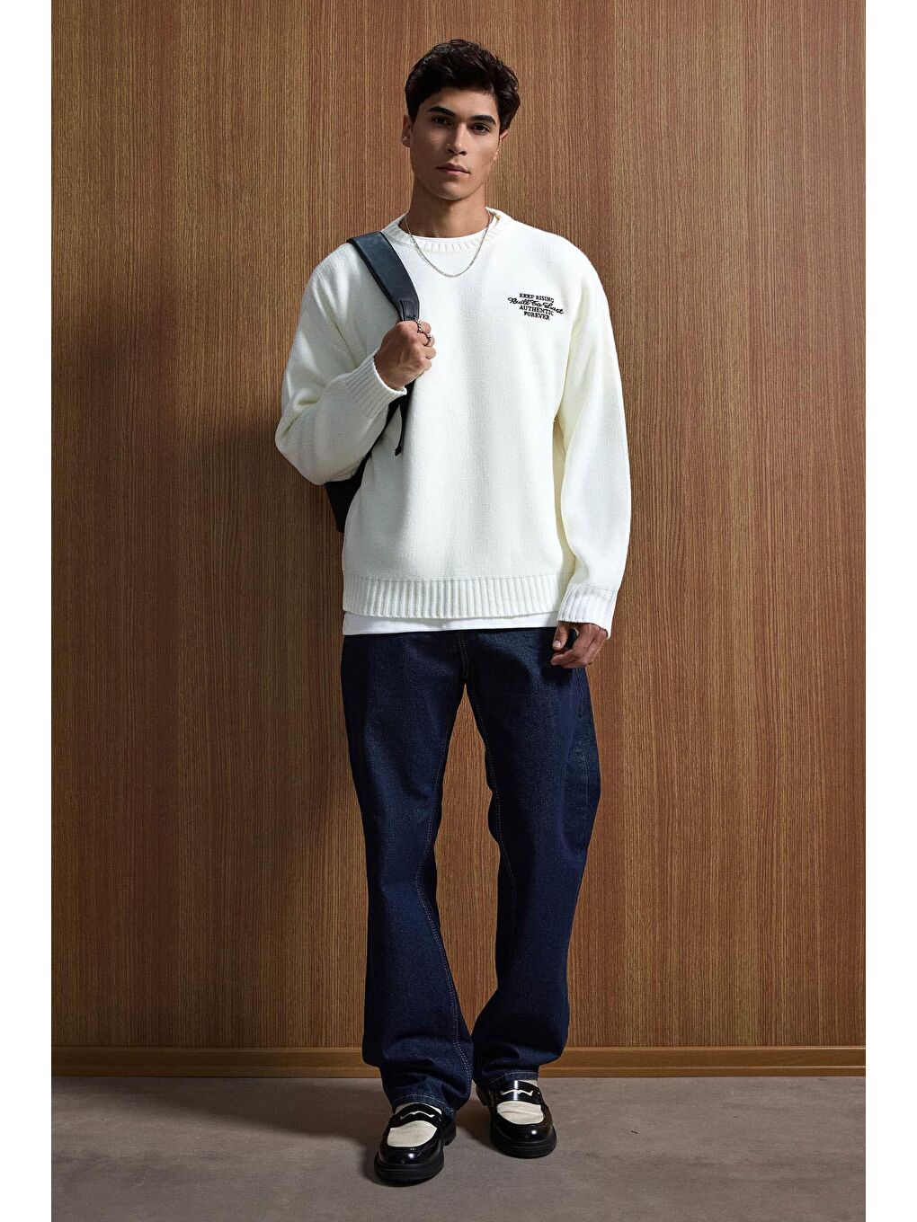 Erkek Oversize Essential Örme Kazak %100 Pamuk Ekru-2