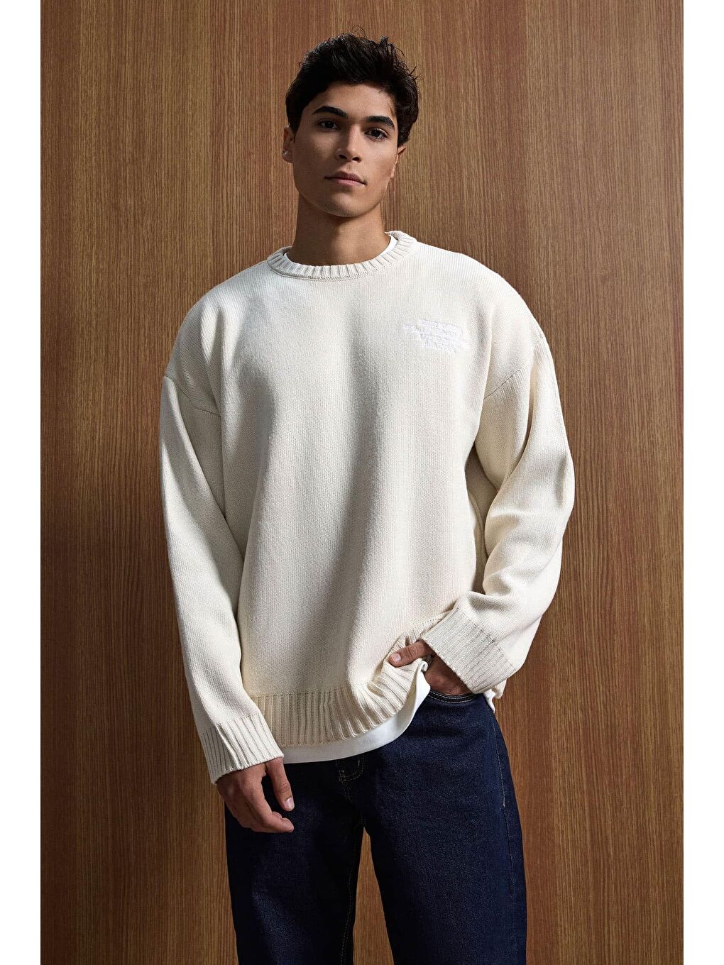 Erkek Oversize Essential Örme Kazak %100 Pamuk Bej