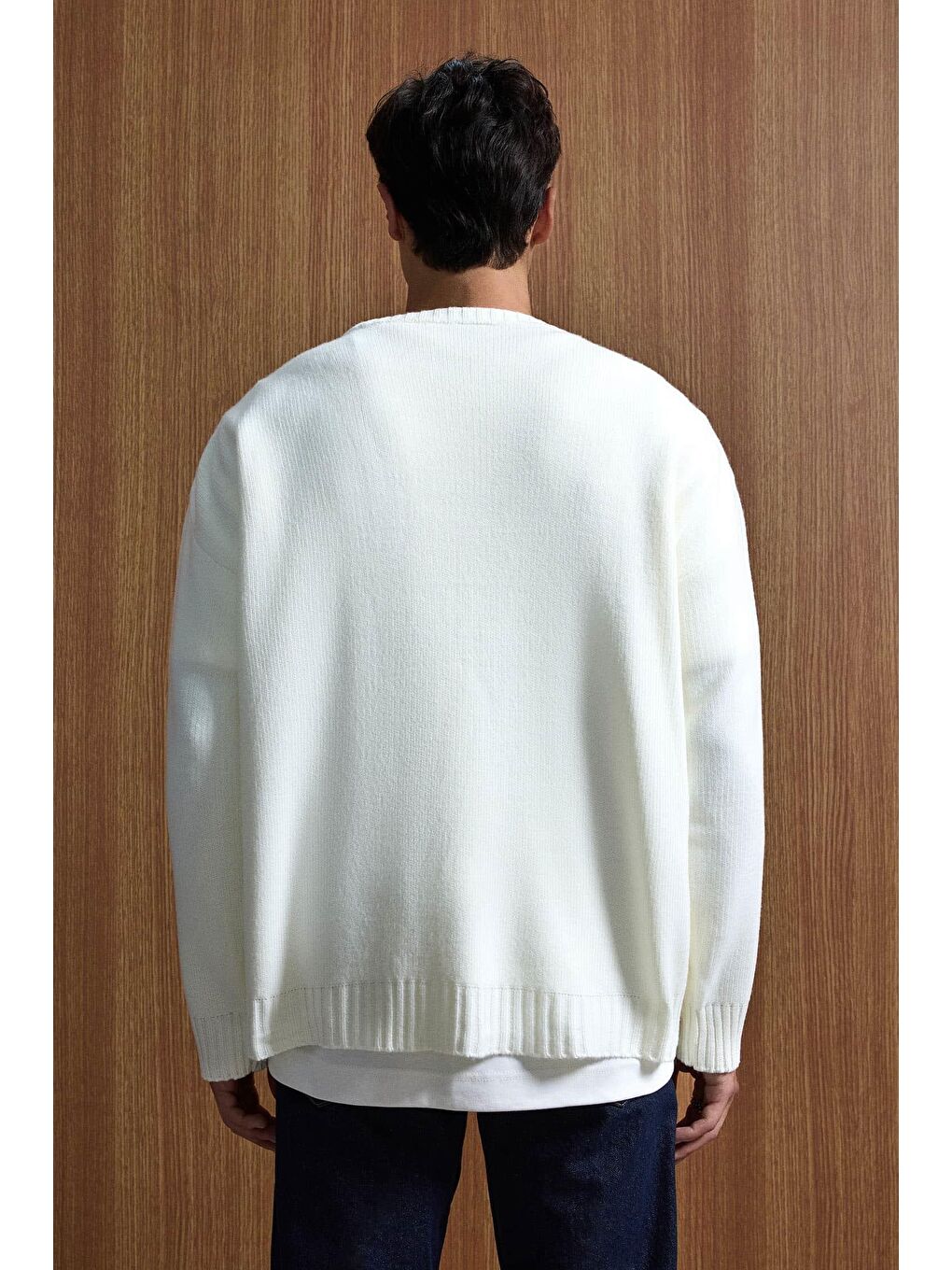 Erkek Oversize Essential Örme Kazak %100 Pamuk Ekru-4