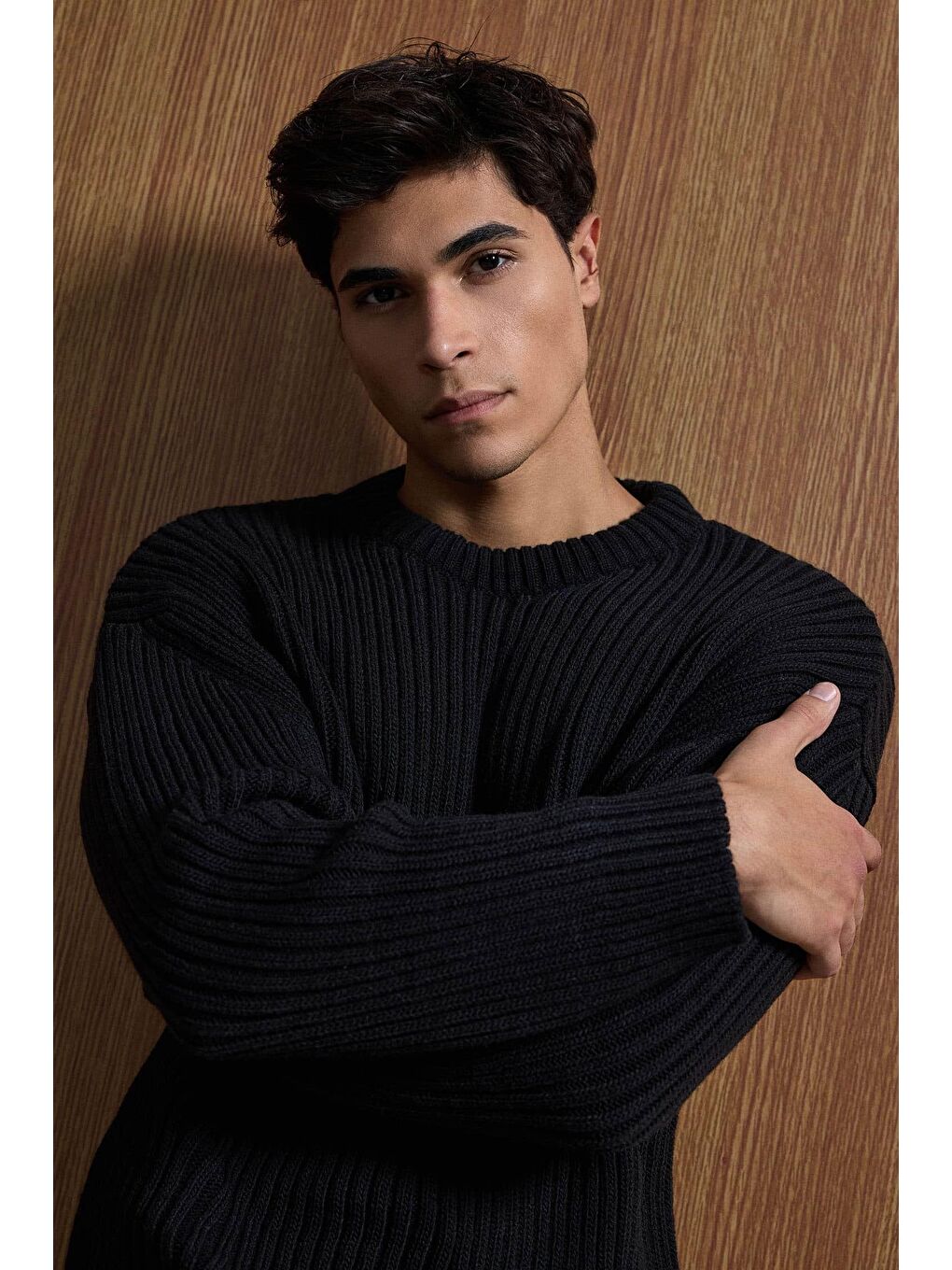 Erkek Oversize Fitilli Basic Triko Kazak Siyah-1