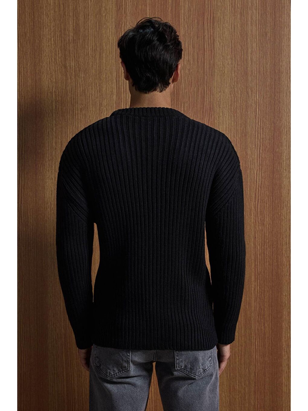 Erkek Oversize Fitilli Basic Triko Kazak Siyah-3