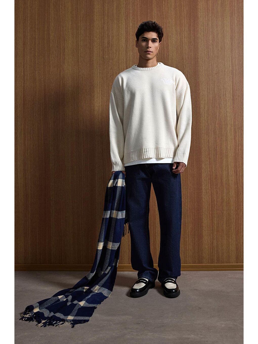 Erkek Oversize Essential Örme Kazak %100 Pamuk Bej-3