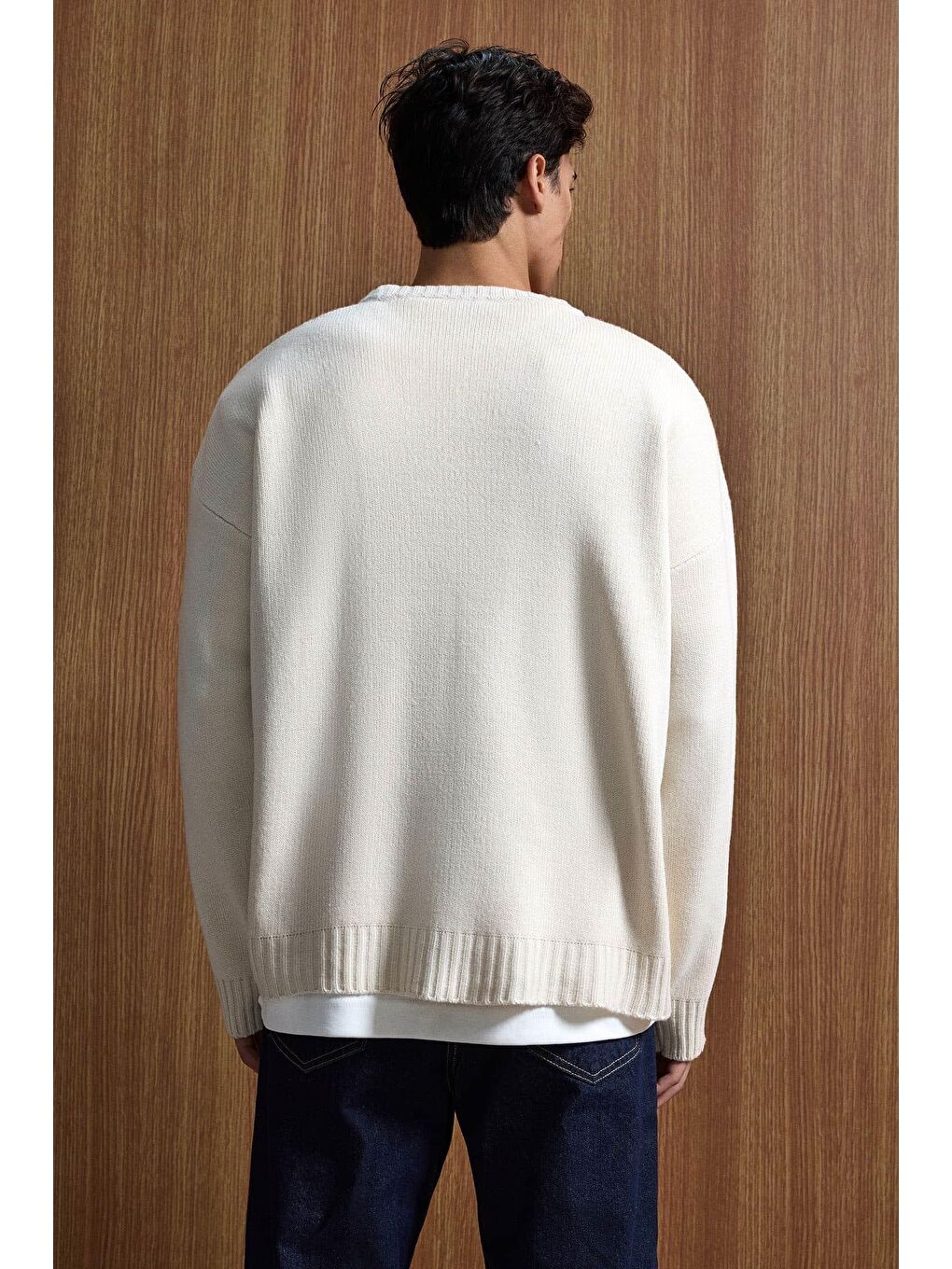 Erkek Oversize Essential Örme Kazak %100 Pamuk Bej-4