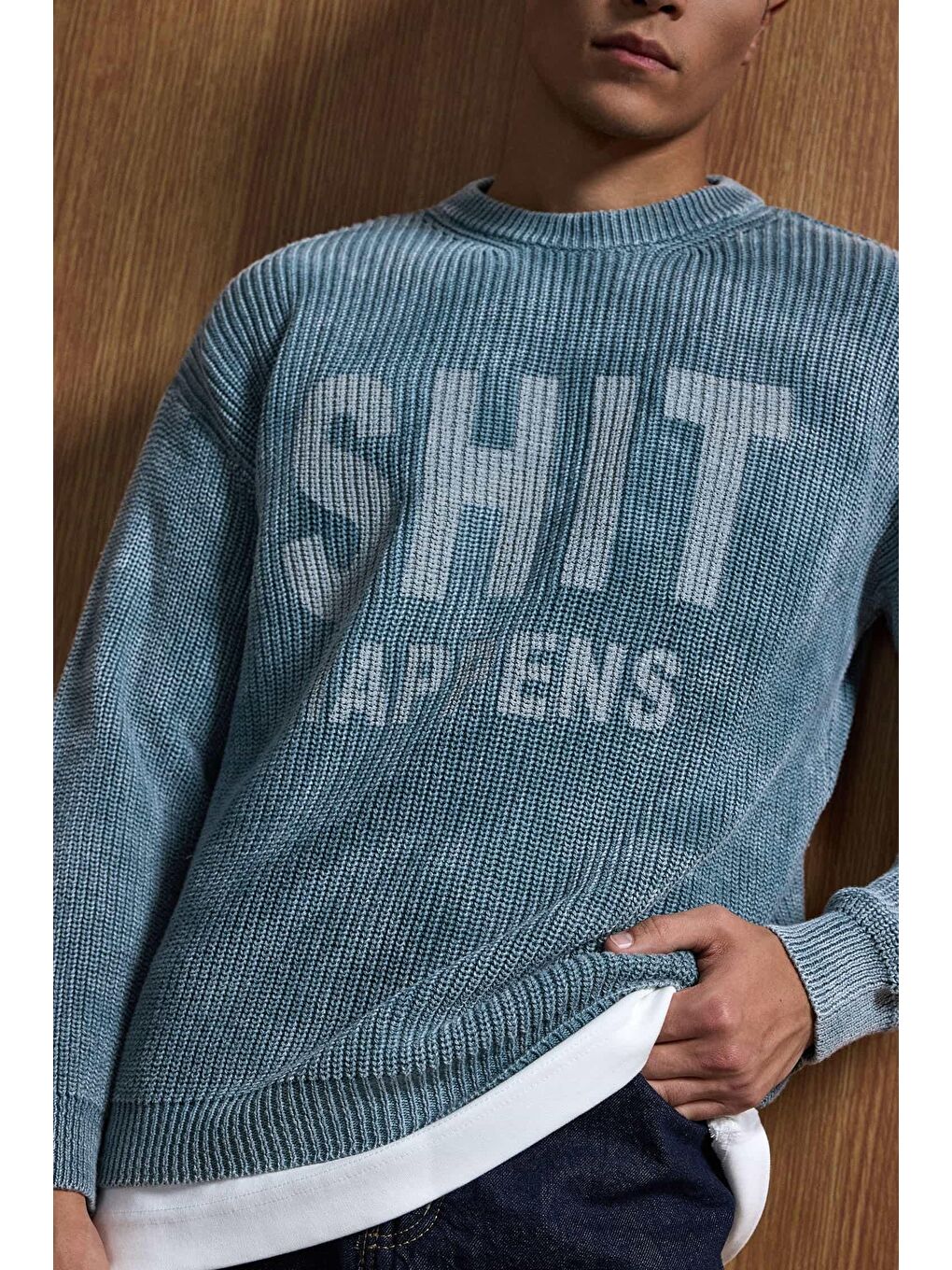 Erkek Relaxed Fit Yıkamalı Örme Kazak %100 Pamuk Gri-1