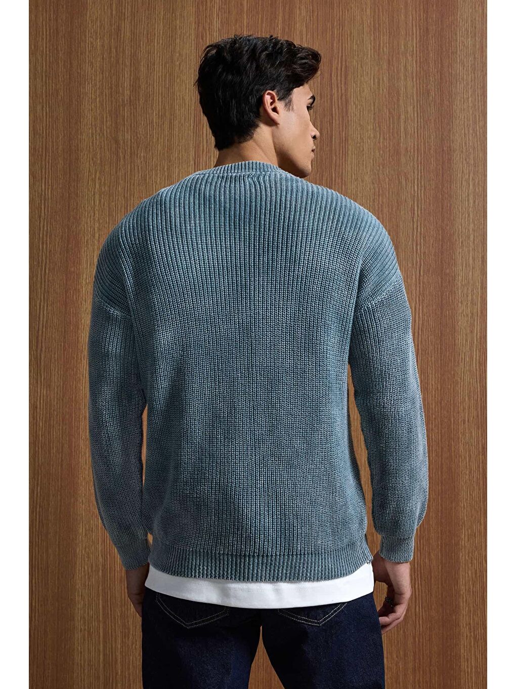 Erkek Relaxed Fit Yıkamalı Örme Kazak %100 Pamuk Gri-3