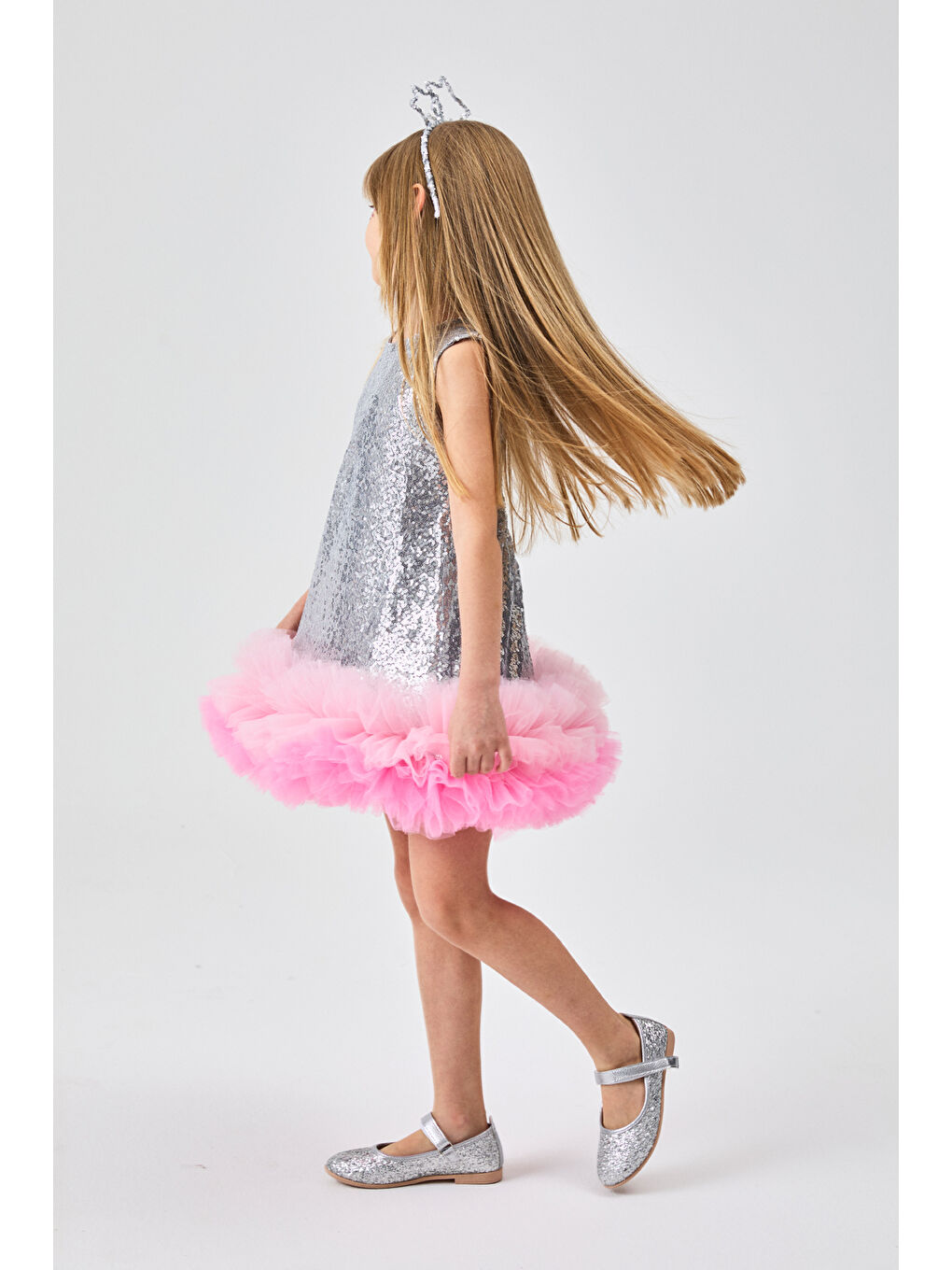 Gri Gümüş Etek Ucu Tüllü Pullu Kız Çocuk Elbise - Evie-2