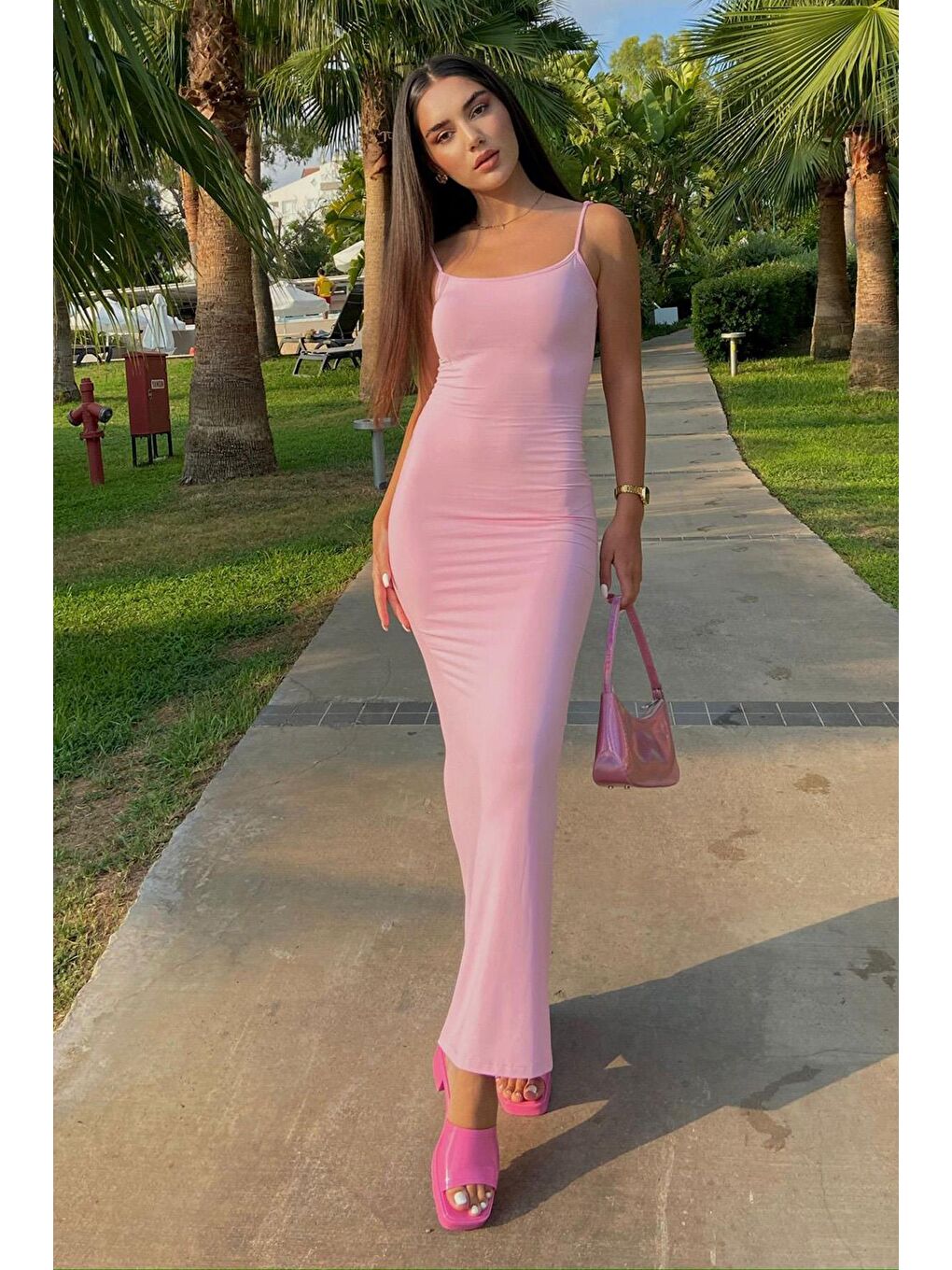 Pembe Uzun Asklı Basic Elbise Mg1852