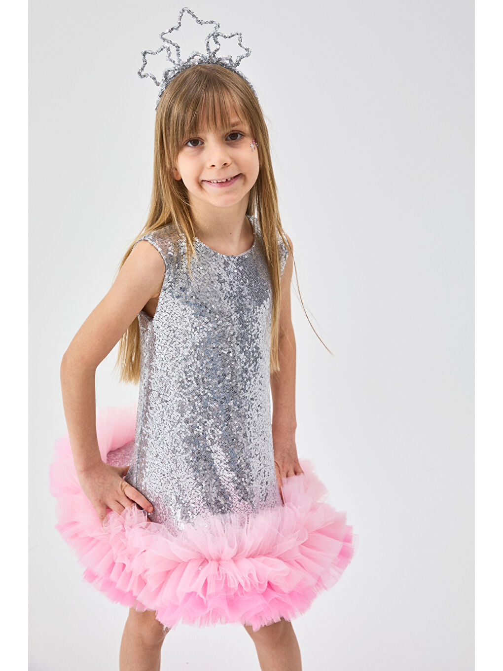 Gri Gümüş Etek Ucu Tüllü Pullu Kız Çocuk Elbise - Evie-3