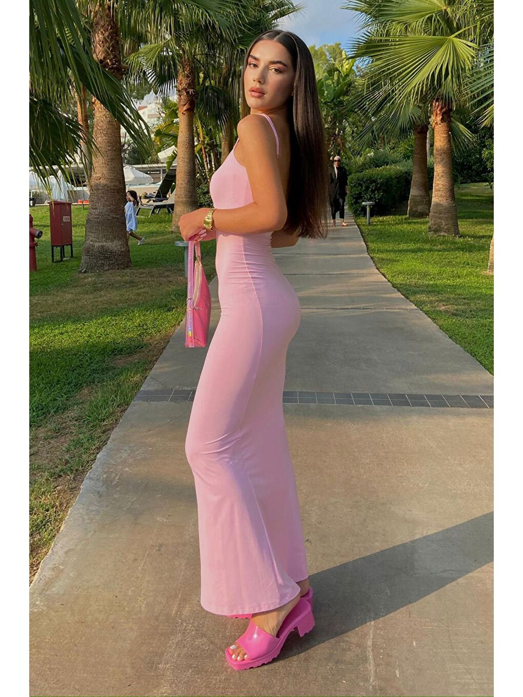 Pembe Uzun Asklı Basic Elbise Mg1852-2