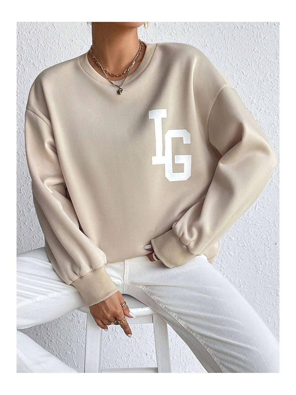 Trendseninle Bej Kadın BEJ IG Baskılı Bisiklet Yaka Sweatshirt - 4