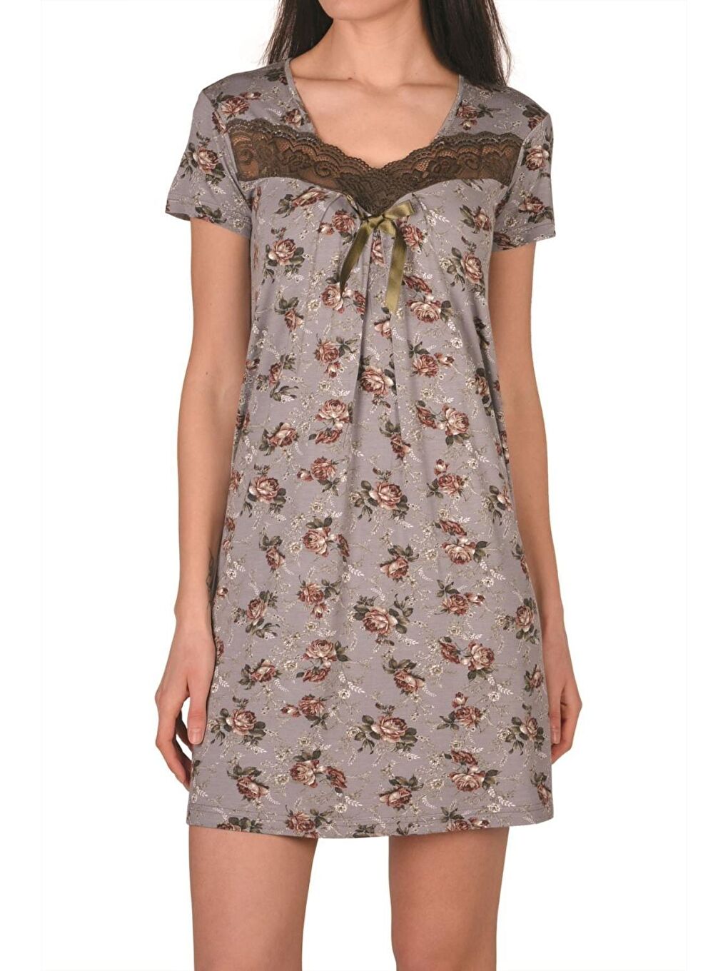 Kadın Tunik Gecelik Geniş Askılı Dantelli Viskon Elastanlı Gri