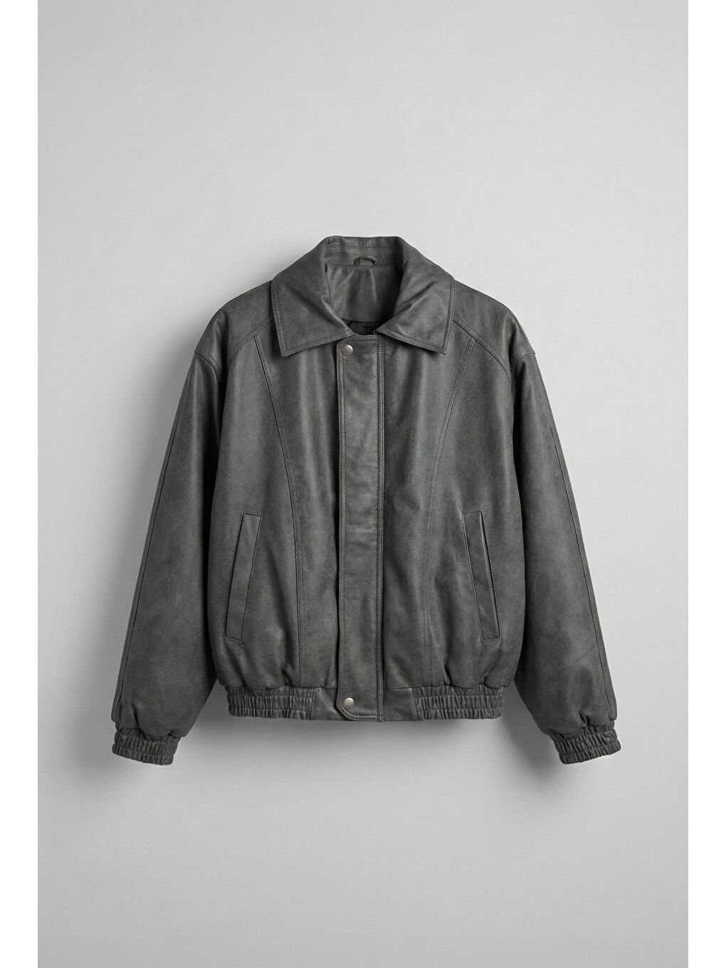 Erkek Oversize Fermuarlı Basic Deri Mont Gri