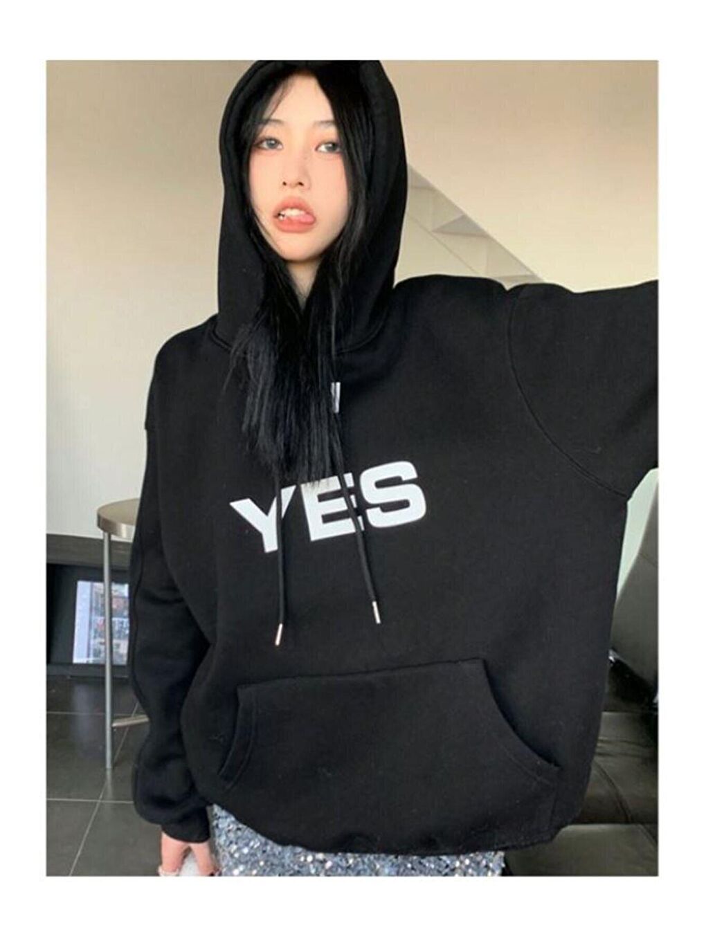 Trendseninle Siyah Kadın SİYAH Yes No Baskılı Oversize Kapüşonlu Sweatshirt