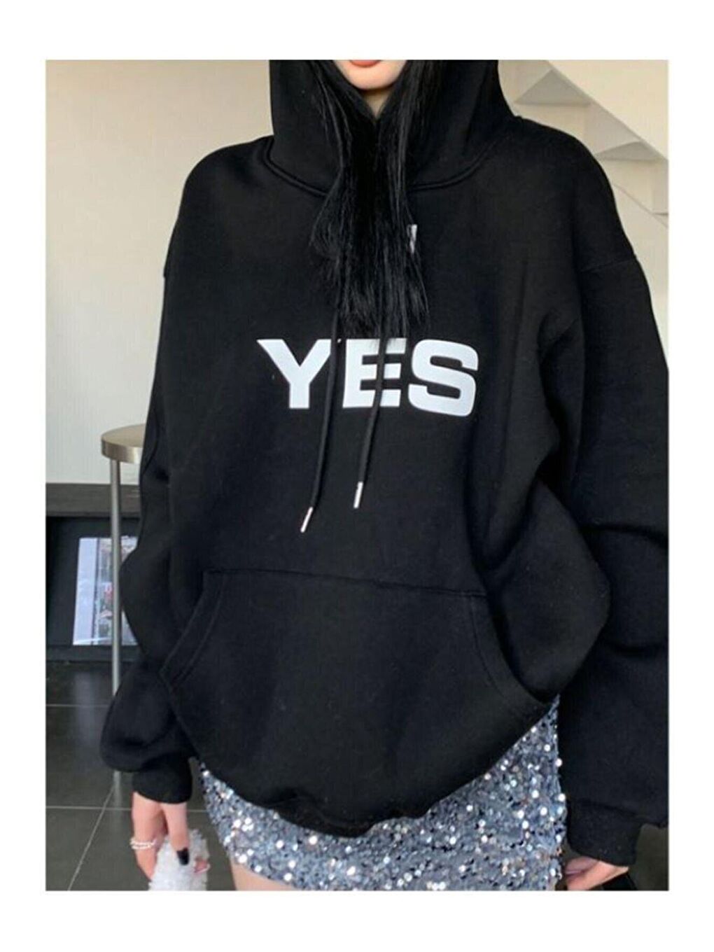 Trendseninle Siyah Kadın SİYAH Yes No Baskılı Oversize Kapüşonlu Sweatshirt - 2