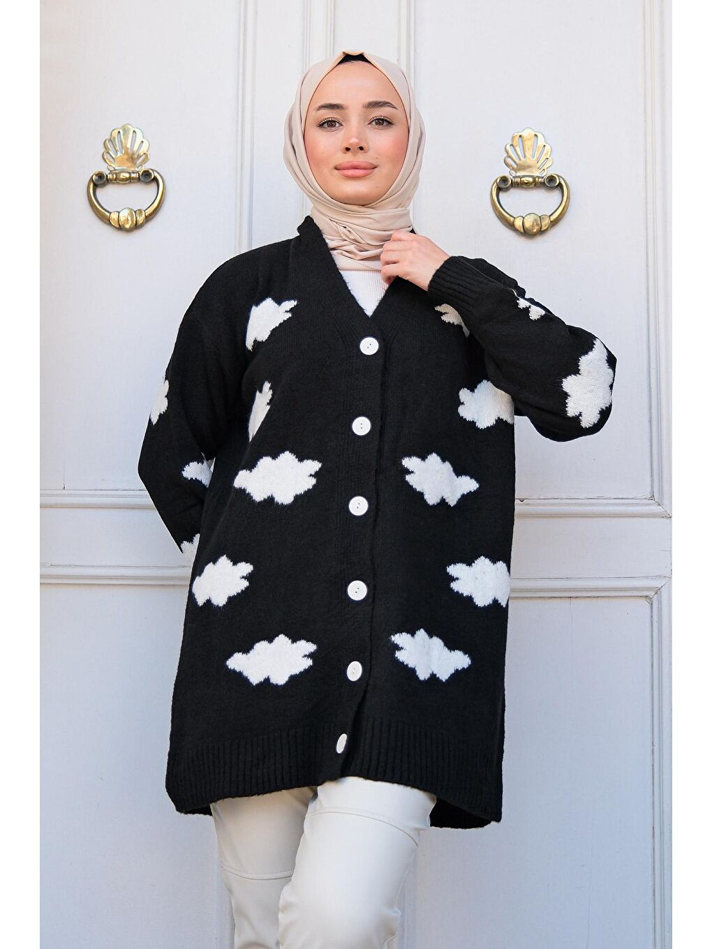 Kadın Bulut Desenli Triko Hırka Siyah