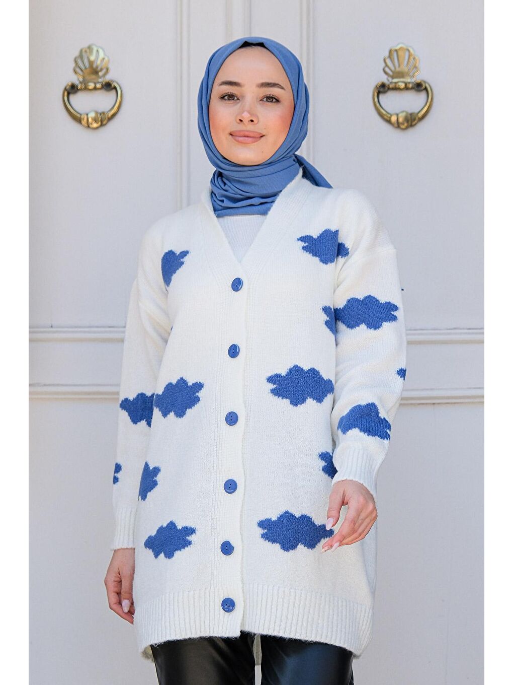 Kadın Bulut Desenli Triko Hırka Beyaz