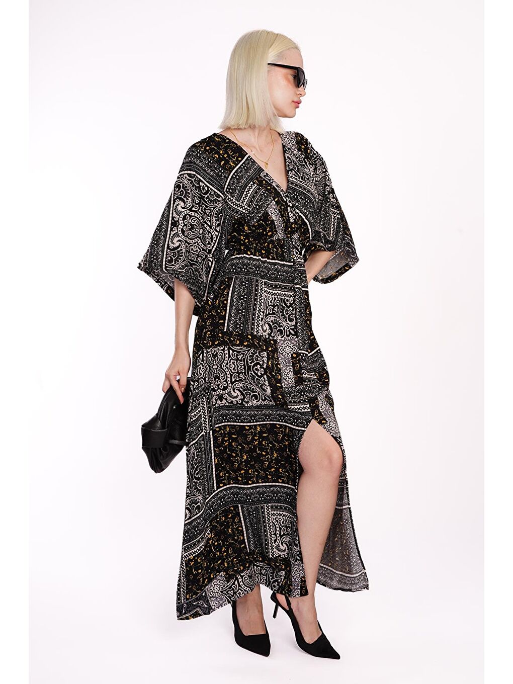 Siyah Desenli Yırtmaç Detaylı Uzun Elbise Mg2325-1