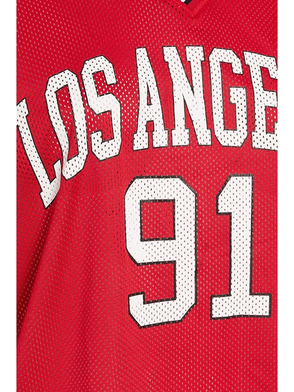 Kırmızı Büyük Beden V Yaka Kısa Kollu Baskılı File T-shirt 303494-5