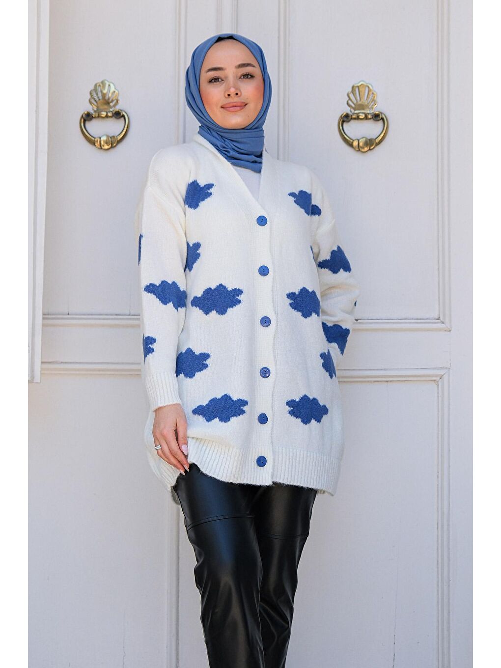 Kadın Bulut Desenli Triko Hırka Beyaz-1