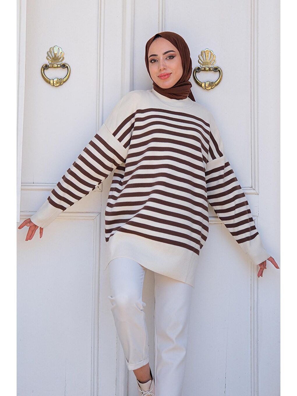 Kahverengi Kadın Çizgili Triko Tesettür Kazak Kahve-1