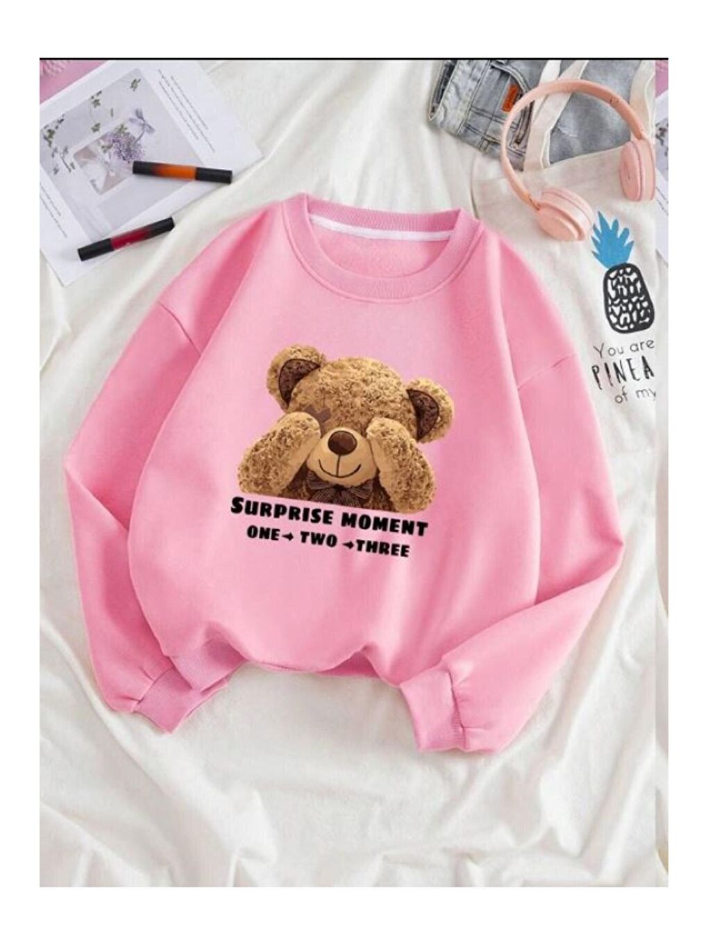 Trendseninle Pembe Kadın PEMBE Utangaç Ayıcık Baskılı Bisiklet Yaka Sweatshirt