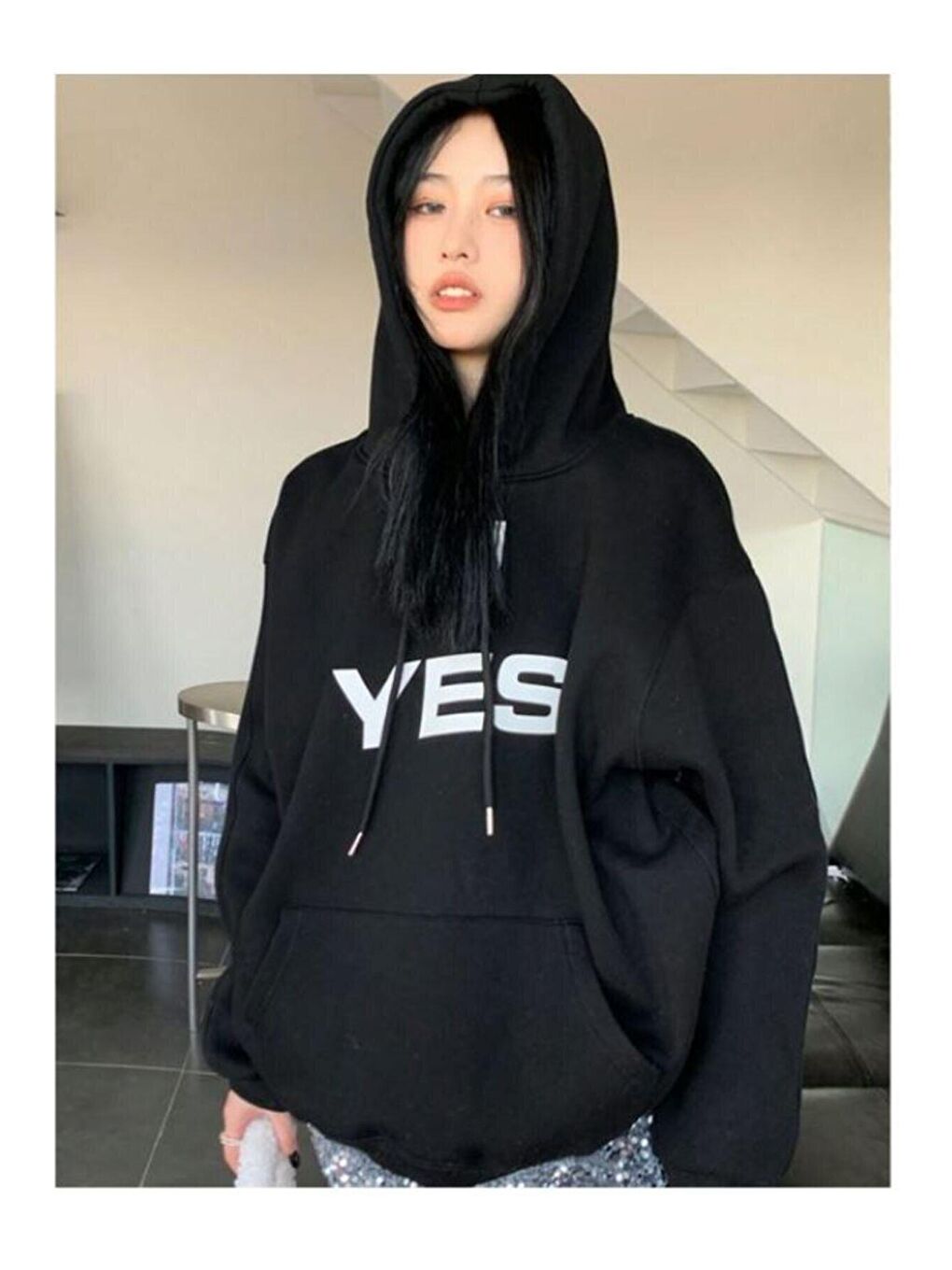 Trendseninle Siyah Kadın SİYAH Yes No Baskılı Oversize Kapüşonlu Sweatshirt - 3