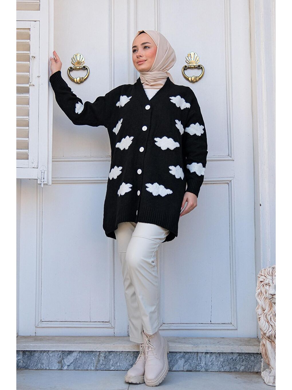 Kadın Bulut Desenli Triko Hırka Siyah-1