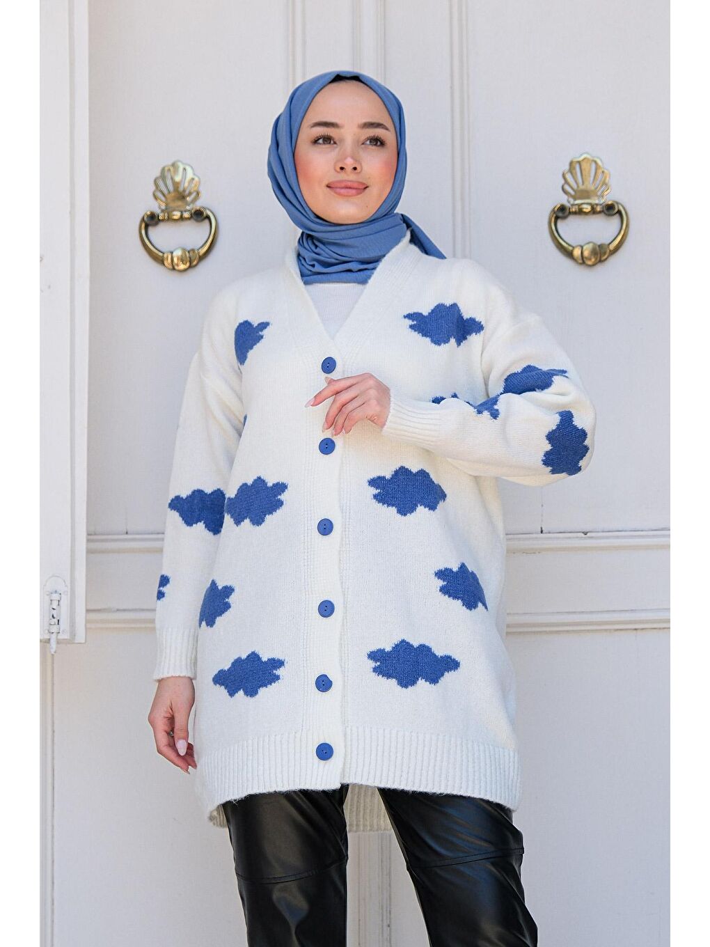 Kadın Bulut Desenli Triko Hırka Beyaz-2