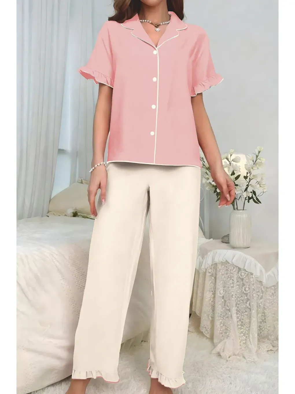 Bej Bürümcük Arabiyeli Düğmeli Pijama Takım 7036-3-1