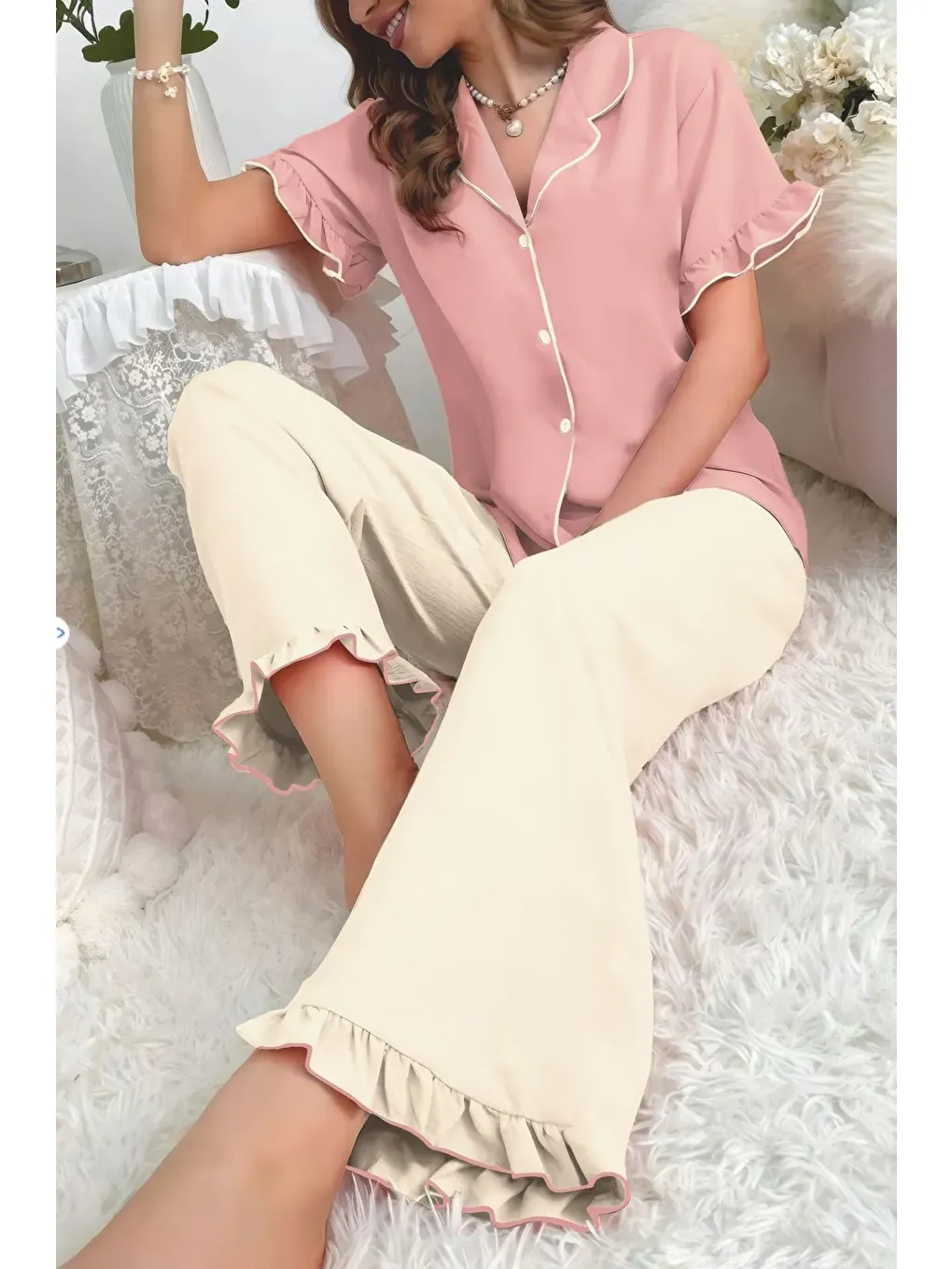 Bej Bürümcük Arabiyeli Düğmeli Pijama Takım 7036-3-2