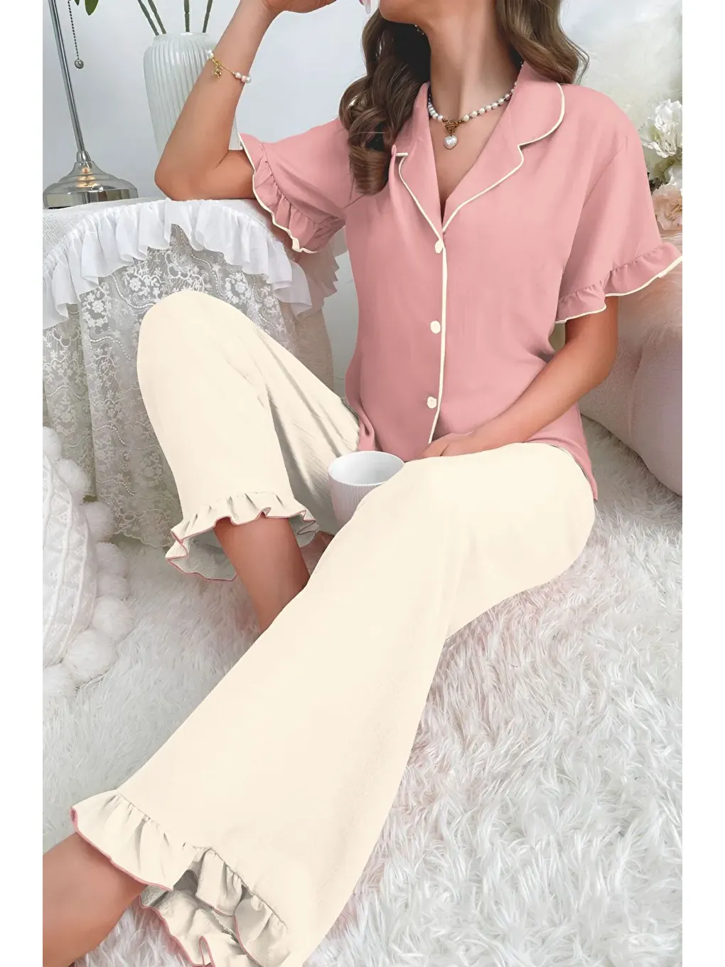 Bej Bürümcük Arabiyeli Düğmeli Pijama Takım 7036-3-3