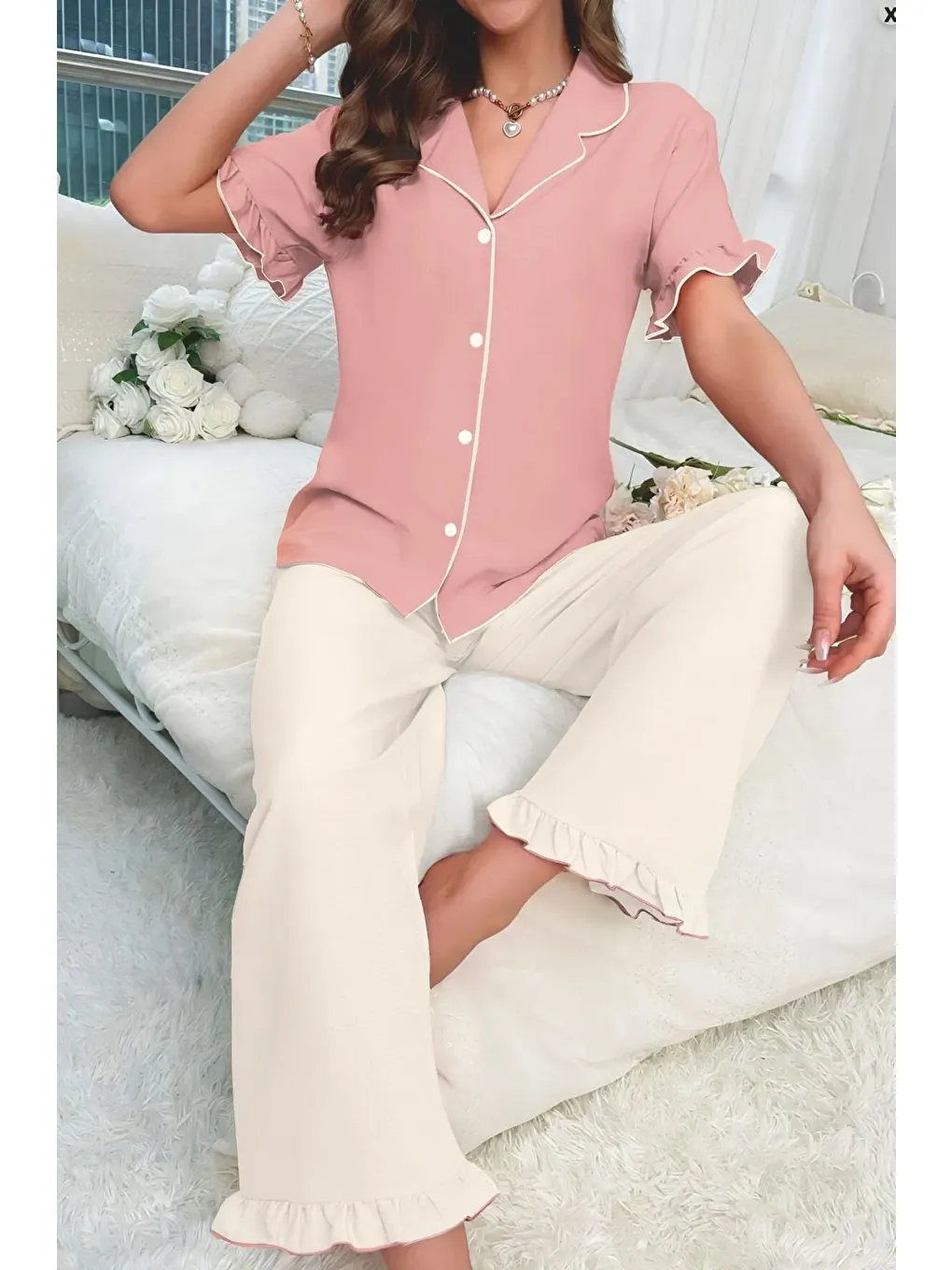 Bej Bürümcük Arabiyeli Düğmeli Pijama Takım 7036-3-4