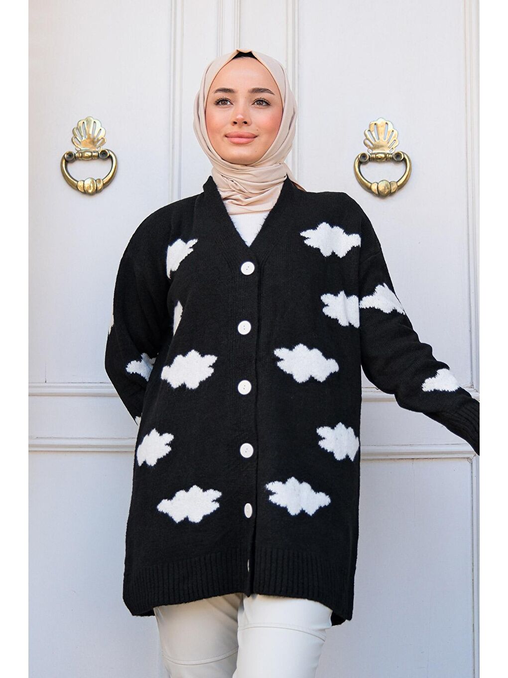 Kadın Bulut Desenli Triko Hırka Siyah-2