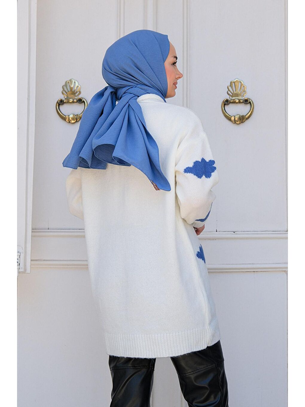 Kadın Bulut Desenli Triko Hırka Beyaz-3