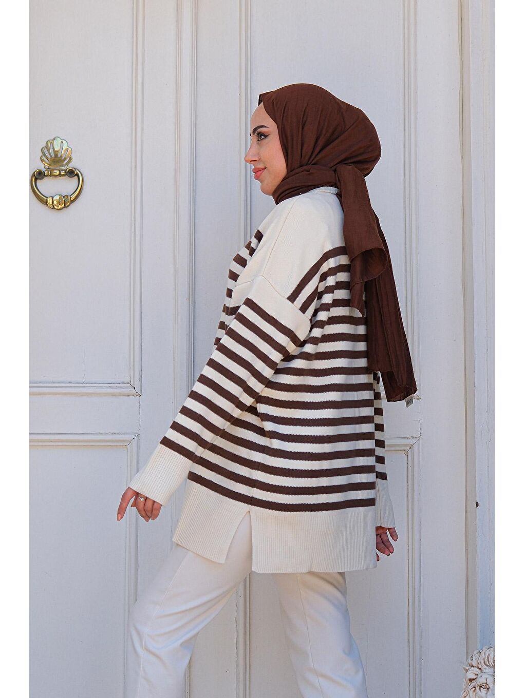 Kahverengi Kadın Çizgili Triko Tesettür Kazak Kahve-3